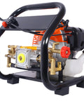 Side view of a Portable Gas Powered Backpack Sprayer For Garden And Farm Use Two Stroke One Point Five Horsepower Engine Delivers Up To Five Hundred Seventy PSI At Eight Thousand Five Hundred RPM Ideal For Crop Spraying And Vehicle Or Equipment Cleaning showing engine and pump components