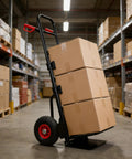 Heavy Duty Hand Truck Dolly With 330 Lb Capacity And 10 Inch Rubber Wheels Foldable Cart For Hauling Boxes Furniture And Appliances In Warehouse Or Home Built From Steel For Maximum Strength And Back Saving Convenience, black steel dolly with stacked boxes in warehouse