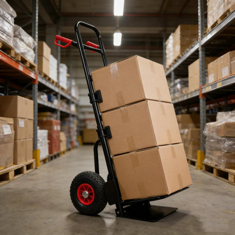 Heavy Duty Hand Truck Dolly With 330 Lb Capacity And 10 Inch Rubber Wheels Foldable Cart For Hauling Boxes Furniture And Appliances In Warehouse Or Home Built From Steel For Maximum Strength And Back Saving Convenience, black steel dolly with stacked boxes in warehouse