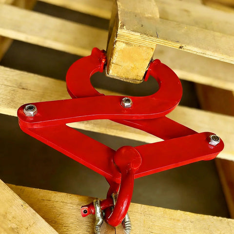 Pallet puller clamp, red, side view gripping a wooden beam with 5.5-inch jaw opening