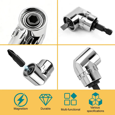 105 Degree Right Angle Drill Adapter for Tight Spaces Flexible Extension Bit Kit showing multi-angled views and features