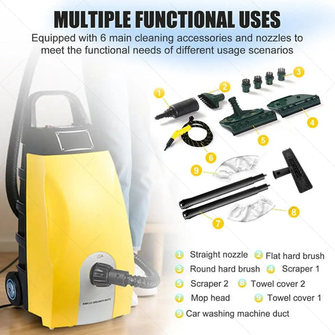 Get Rid Of Stubborn Grime With This Badass Commercial Steam Cleaner showing cleaning accessories and nozzles for various tasks.