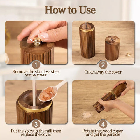 How to use the Two Pack Acacia Wood Salt And Pepper Grinder Set With Refillable Design Adjustable Ceramic Core Gold Stainless Steel Accents Stylish Kitchen Decor And A Killer Gift For Birthday Or Christmas