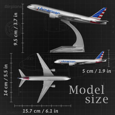 1/400 Die Cast Alloy Airplane Model Kit For Collection And Display, 6.1 Inch Length, 5.5 Inch Wingspan, side and top views