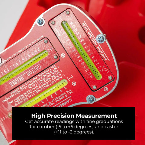 Pro Grade Magnetic Camber Caster And KPI Alignment Gauge With Bullseye Bubble Vials, red detail for precision measurement, camber and caster readings.