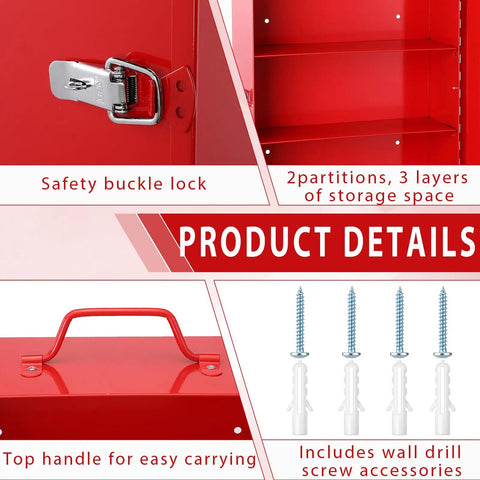 Product details of wall mount first aid cabinet with three shelves, key lock and handle lock, visible acrylic door, white medical cabinet
