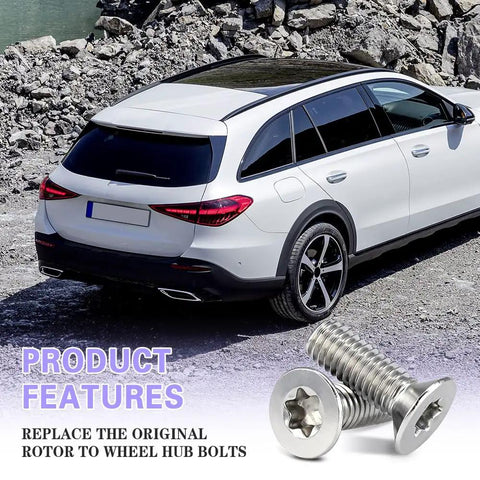 4 Pack Stainless Steel Brake Rotor Screws For Front And Rear Discs shown with vehicle and rocky background.