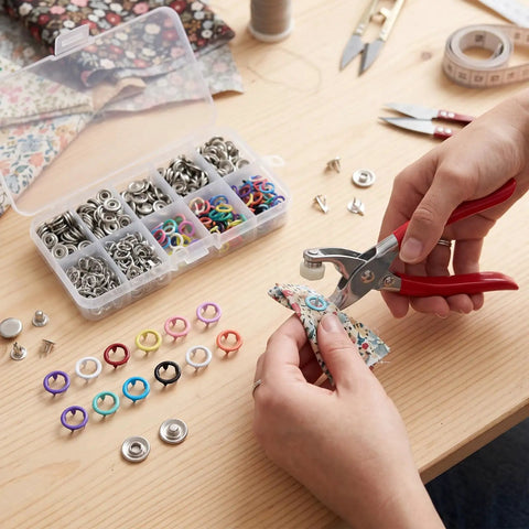 Hands using heavy duty pliers on fabric with colorful parts from Solid 100 Set Snap Button Kit With Heavy Duty Pliers For No Sweat Clothing Repairs And DIY Crafts Rust Resistant Metal Fasteners 9.5 Mm Size Secure Tight Grip For Jackets Jeans And Sewing Projects.