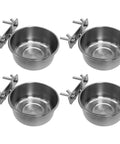 Set of four stainless steel bird bowls with clamp holders for cage use.