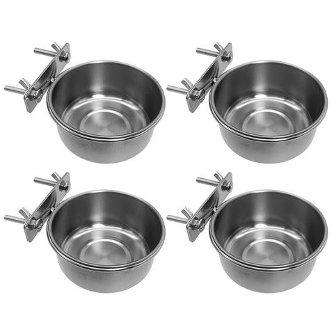 Set of four stainless steel bird bowls with clamp holders for cage use.