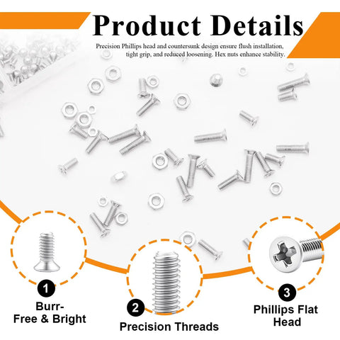 1020Pcs Metric Micro Screws and Nuts Set Flat Countersunk Head Assortment M1 to M25 with varied lengths and hex nuts displayed