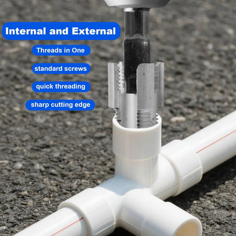Get Your Plumbing Done Right With This 2 Piece Internal And External Pipe Threading Tool Set, Featuring PVC Pipe Threaders on a white PVC fitting.