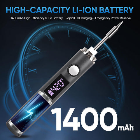 Cordless Soldering Iron Kit With USB C PD Rechargeable Battery, Portable On The Go Soldering Pen With OLED Display highlighting 1400mAh capacity