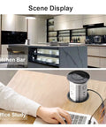 Motorized Pop Up Power Strip With Bluetooth Speaker And Wireless Charging Pad shown in kitchen and office study setups.