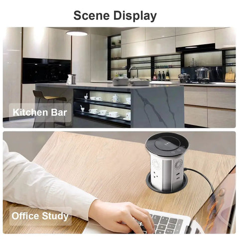 Motorized Pop Up Power Strip With Bluetooth Speaker And Wireless Charging Pad shown in kitchen and office study setups.