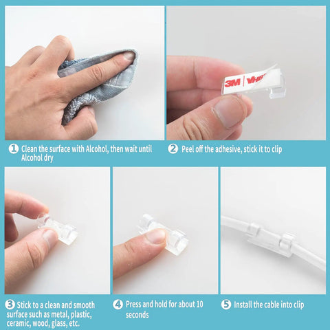 Step-by-step guide for installing Self-Adhesive Cable Clips Organizer For Cord Management using peel-and-stick transparent clips.