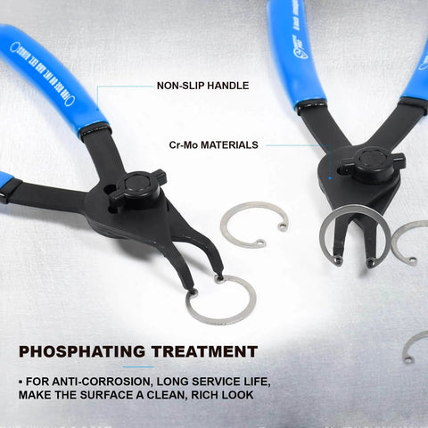 12 Piece Versatile Retaining Snap Ring Pliers Set showing non-slip handle and Cr-Mo materials, ideal for internal and external rings.
