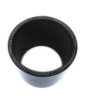 Top view of 3 Inch ID Straight Silicone Hose Coupler With 4 Ply Reinforced High Temp Construction, heavy duty black connector.