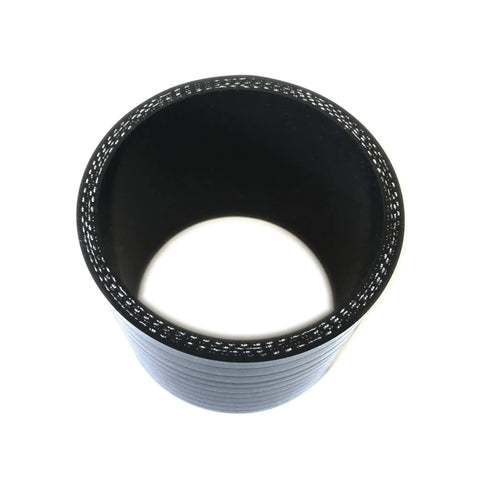 Top view of 3 Inch ID Straight Silicone Hose Coupler With 4 Ply Reinforced High Temp Construction, heavy duty black connector.