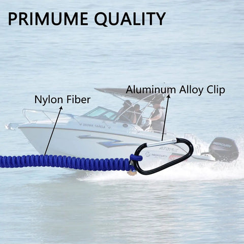 Boat Kill Switch Lanyard Replacement Tether 54 Inch Blue For Outboard Boats Safety Lanyard Cord with boat in background.