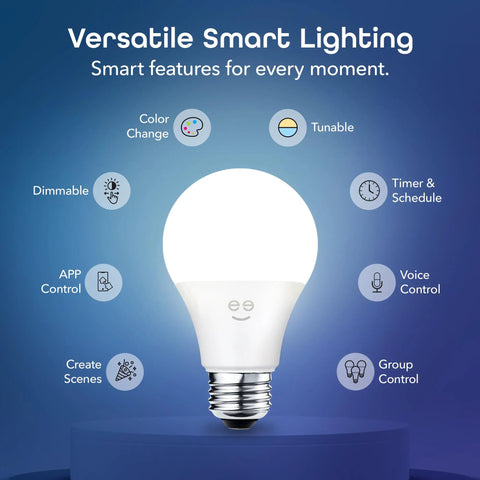 Prisma Plus 800 Dimmable Smart Light Bulbs 4 Pack With 2.4 GHz Wi Fi Color Changing Tunable White A19 LED Smart Bulbs Works With Alexa And Google Assistant