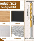 50 Piece Drywall Cutting Bits 1/8 Inch Shank Titanium Nitride Coated High Speed Steel Tips with dimensions and compatible materials