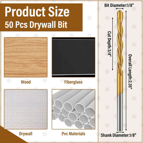 50 Piece Drywall Cutting Bits 1/8 Inch Shank Titanium Nitride Coated High Speed Steel Tips with dimensions and compatible materials