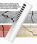 Rugged Concrete Crack Width Gauge Ruler 0.1 to 7.0 mm Dual Metric Polycarbonate Parallax Free Built For The Job Site With 31 Precision Width References For Easy Structural Checks shown against cracked walls.