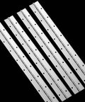 Four 18-inch stainless steel continuous piano hinges, polished finish, 0.04 in leaf thickness