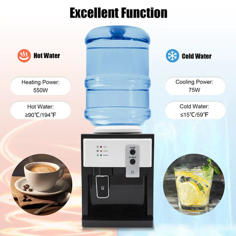 Countertop Water Dispenser For 5 Gallon Bottles With Hot And Cold Water Cup Push Spout 500W Fast Heating No Fuss Compact 27Cm Desktop Water Cooler For Home Office Dorm Room White displaying heating and cooling functions.