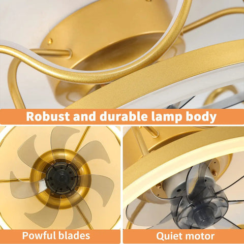 Robust gold lamp body and quiet motor of low profile ceiling fan with remote light kit crown gold finish perfect for girls room July 2022 design quiet safe motor higher light transmittance lit three color temp LED lighting