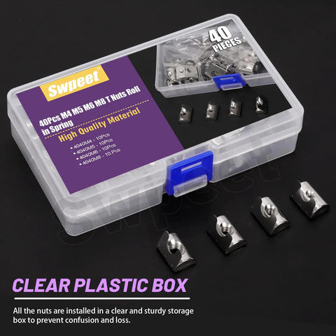 40 Piece 4040 T Slot Nut Set M4 M5 M6 M8 Nickel Plated Roll In Spring Nuts With Sheets For 4040 Aluminum Profiles in clear box