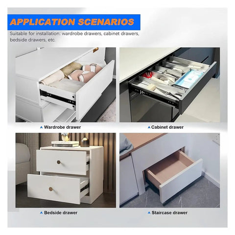 Side Mount Ball Bearing Drawer Slides Set Four 20 Inch Three Section Soft Close Damping Built To Last Heavy Duty Cold Rolled Steel application scenarios in wardrobe, cabinet, bedside, and staircase drawers.