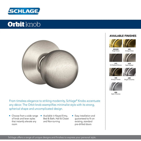 Single Cylinder Deadbolt And Orbit Knob Set Keyed Alike In Satin Chrome Finish for front door displayed with various finishes