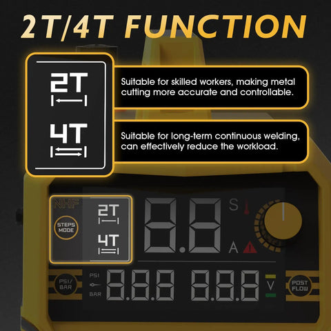 60 Amp Plasma Cutter With Non High Frequency Pilot Arc For Pro Grade Real Smooth Cuts Up To Three Quarters Inch Digital Display DC Inverter Dual Voltage 110 Or 220 Volts showing 2T/4T function options on display