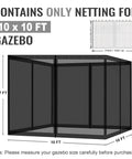 Replacement Gazebo Netting Screen 10x10 Universal Four Panel Rugged Mosquito Mesh Sidewalls for gazebos and canopies
