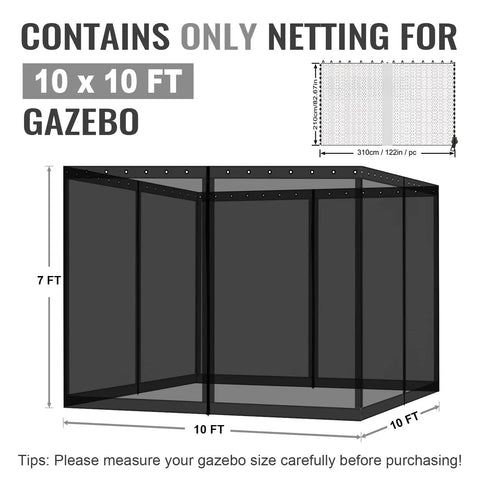 Replacement Gazebo Netting Screen 10x10 Universal Four Panel Rugged Mosquito Mesh Sidewalls for gazebos and canopies