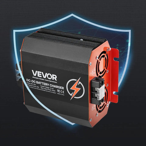 Workhorse 12V 20A Dc To Dc Battery Charger For Rvs And Trailers with safety features and power connections visible.