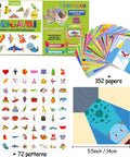 Origami Kit For Kids Ages Five To Twelve With 152 Papers And 72 Patterns Guiding Book and sample folded items displayed.