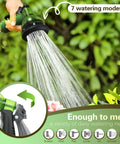 Person using a hose nozzle with 7 watering modes in a garden, showcasing spray functions; background with green leaves.