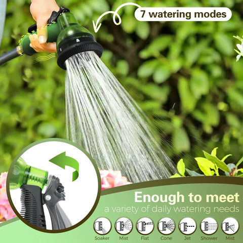 Person using a hose nozzle with 7 watering modes in a garden, showcasing spray functions; background with green leaves.