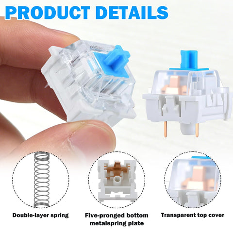 50 Pack 3 Pin Mechanical Keyboard Clicker Switches Pre Lubed Plate-Mount Tactile Clicky With Brush And Key Puller Dustproof MX Style Switches For 3D Printing Projects, Gaming Keycaps, Typing Pros And Gamers transparent switch details