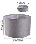 Set Of Two Natural Linen Drum Lamp Shades Perfect Match For Your Table Lamps And Floor Lamps Featuring Spider Fitter Super Easy Diy Assembly 13 Inch Diameter Top And Bottom By 9 Inches High Cool And Stylish Home Decor Addition, showing size details.