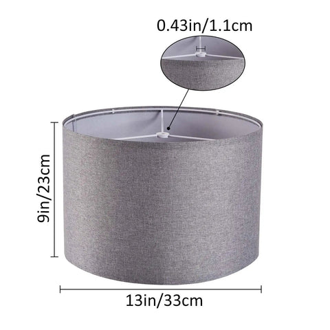 Set Of Two Natural Linen Drum Lamp Shades Perfect Match For Your Table Lamps And Floor Lamps Featuring Spider Fitter Super Easy Diy Assembly 13 Inch Diameter Top And Bottom By 9 Inches High Cool And Stylish Home Decor Addition, showing size details.