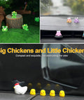 Set of five small animal car interior figurines: green frogs and yellow chicks for dashboard/console decoration.