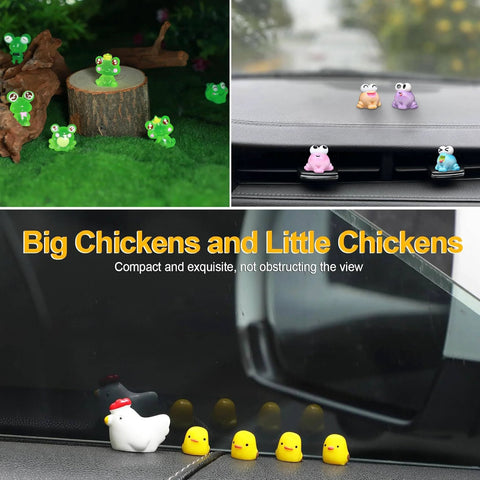 Set of five small animal car interior figurines: green frogs and yellow chicks for dashboard/console decoration.