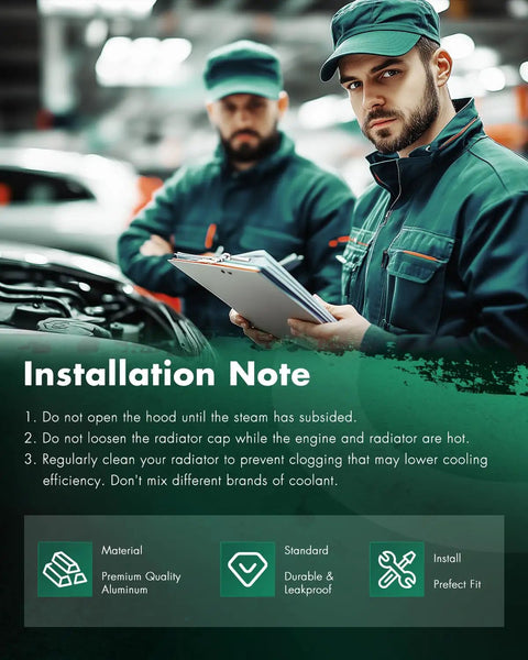 Technicians reviewing installation notes for Beefed Up Engine Coolant Radiator For Toyota Forklift 16410U217071.