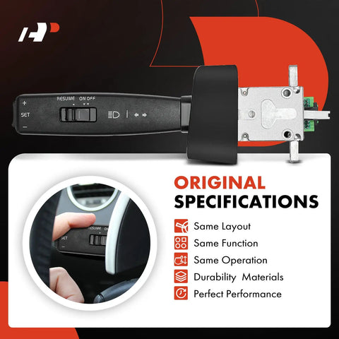Volvo VNL VN Turn Signal Switch Multi Function for 2005 to 2012 trucks shown detached with focus on buttons and specifications