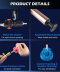Details of Grease Monkey Approved 31-Piece Coolant Pressure Tester Kit with metal air outlet and aluminum hand pump.
