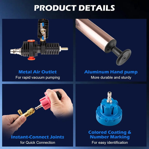 Details of Grease Monkey Approved 31-Piece Coolant Pressure Tester Kit with metal air outlet and aluminum hand pump.